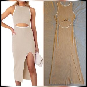Bodycon Cutout Tank Dress S or M Beige White Trim Sleeveless with Thigh Slit